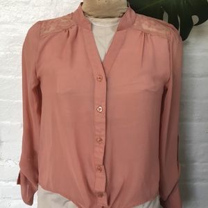 NWOT- Salmon Pink Sheer Blouse w/ Embroidery